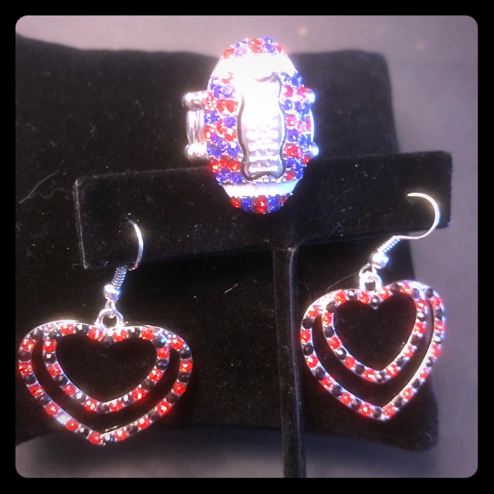New England Patriots heart earrings and ring